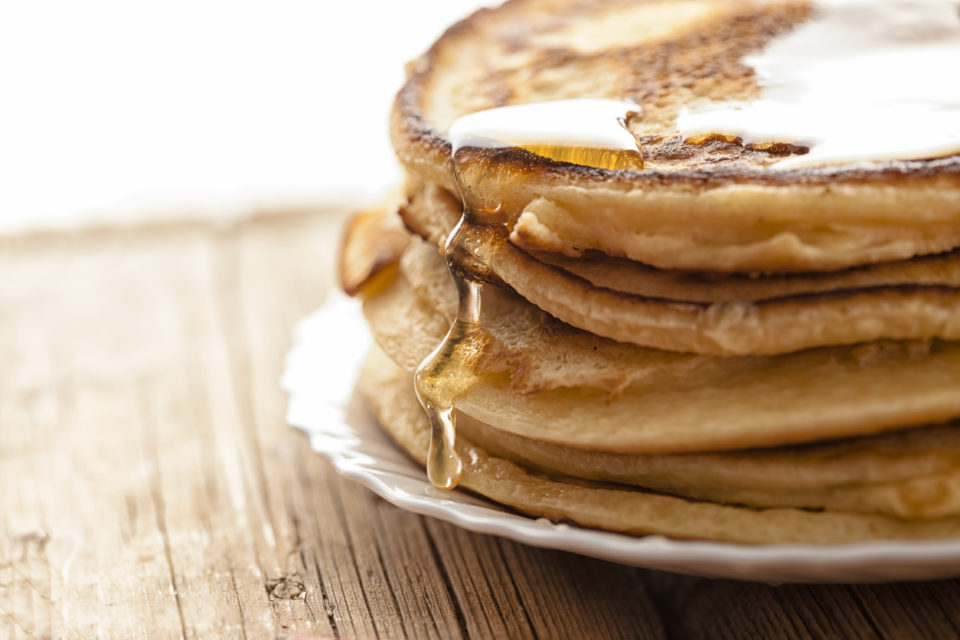 honey and pancakes on the wooden table