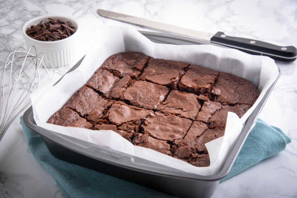 chocolate brownies in metal pan