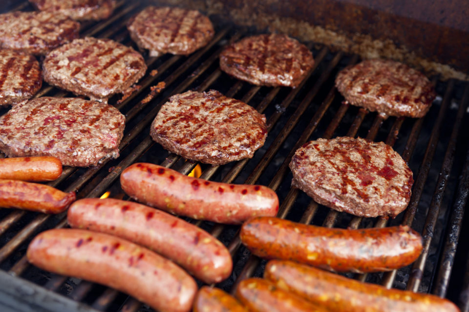 Barbeque Grill with Hamburgers hot dogs and sausage