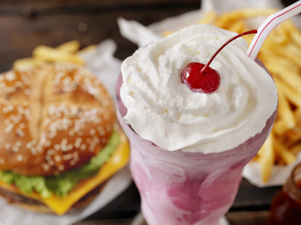 Strawberry Milkshake with a Burger and Fries