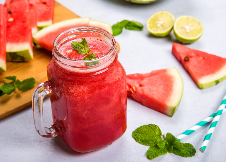 Watermelon Smoothie In A Jar With Mint And Lemon