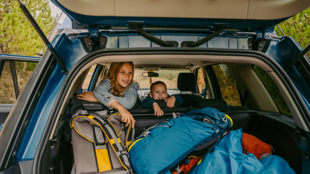 Photo of young brother and sister being excited about the road trip